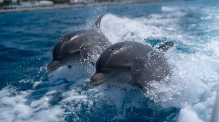 Obraz premium Two graceful dolphins energetically leap from the vibrant blue ocean water creating dynamic white splashes and ocean spray in bright sunlight
