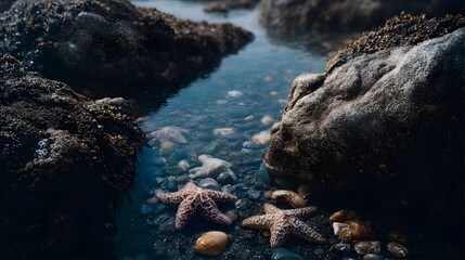 Colorful starfish nestled in a shallow tide pool among pebbles on a rugged wet rocky shore