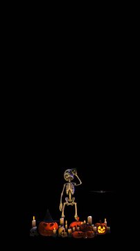 Seamless vertical video of a skeleton drinking beer with a bat, candles and Jack O&acute;lantern pumpkins isolated with alpha channel. Funny halloween background for events and parties.