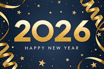2026 Happy New Year Celebration: Gold Numbers, Confetti Ribbons, and Starry Night

