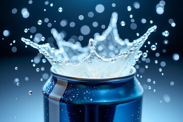 Crisp Splash Crown Bursting From Blue Can, Icy Fizz Macro With Floating Droplets