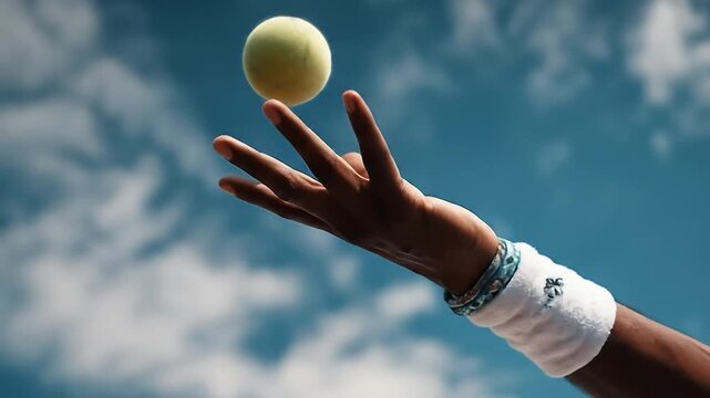 Hand holding tennis ball against cloudy blue sky
