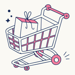A bright red shopping cart trolley holds a gift box and presents, symbolizing a holiday sale purchase concept in e-commerce.