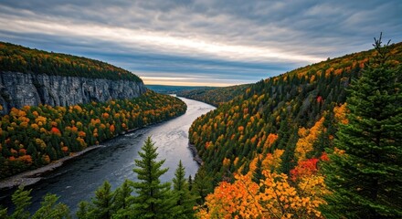 Aerial view of river flowing through autumn forest and canyon under cloudy sky