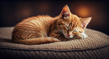 An orange tabby kitten sleeps peacefully curled up on a textured round cushion