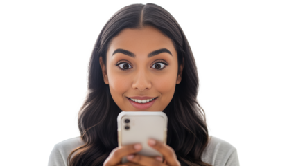 Latina student pleasantly surprised by good news while checking her phone in a bright setting