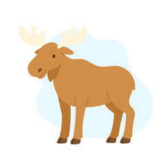 A Whimsical Illustration of a Brown Moose Standing Gracefully Against a Soft Blue Background. Forest animal and Woodland fauna