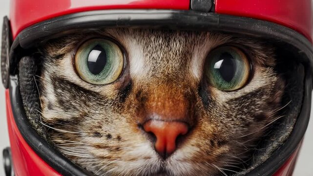 Close‑up of a cat wearing a red helmet, wide curious eyes and comic seriousness, perfect for pet safety, humor spots, and quirky branding that needs an instant scroll‑stopping character.