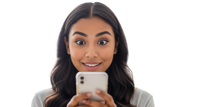 Latina student pleasantly surprised by good news while checking her phone in a bright setting