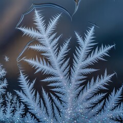 Stunning macro photograph of intricate frost fractals forming delicate ice crystals on a window pane