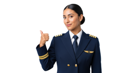 Latina pilot in uniform confidently gives thumbs-up with a proud smile against a white background