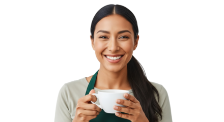 Latina barista smiling brightly holding a hot coffee cup against a white background, showcasing her warm and friendly demeanor