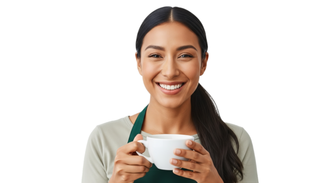Latina barista smiling brightly holding a hot coffee cup against a white background, showcasing her warm and friendly demeanor - Powered by Adobe