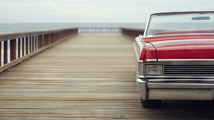 A striking red convertible parked on a sunny beach boardwalk with ocean reflections in midday light, showcasing its exquisite details and textures