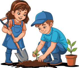 Happy Kids Gardening Together Vector