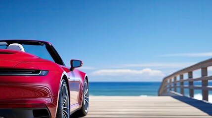 A vibrant red convertible parked under the midday sun, overlooking the sparkling ocean near a lively beach boardwalk