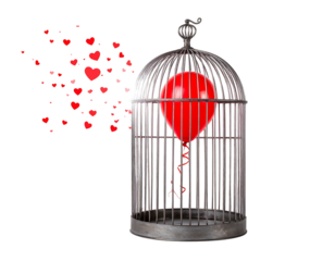 A red balloon floats in a birdcage; red hearts escape, against a black background symbolizing lost love or freedom