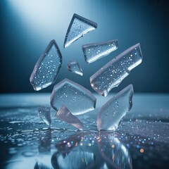 Sharp jagged ice fragments shattering and falling in freezing motion under dramatic lighting