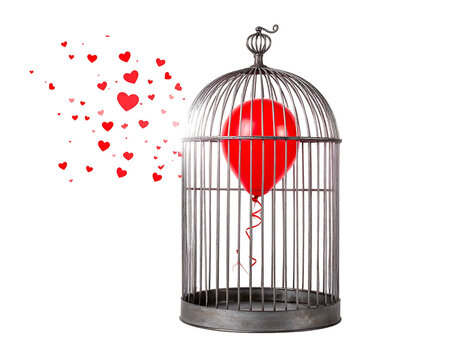 A red balloon floats in a birdcage; red hearts escape, against a black background symbolizing lost love or freedom - Powered by Adobe