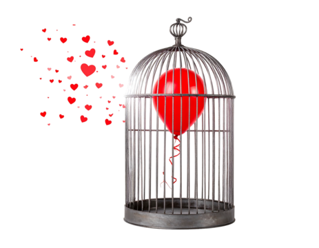 A red balloon floats in a birdcage; red hearts escape, against a black background symbolizing lost love or freedom - Powered by Adobe