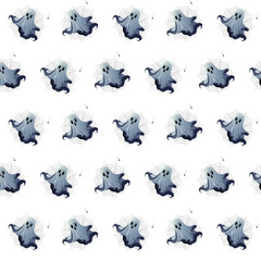 Seamless Halloween ghost image with spider web and autumn leaves