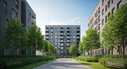 Architectural rendering of modern apartment buildings with a walkway and trees