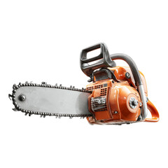 Fototapeta premium Isolated image of a vibrant orange chainsaw, realistically depicted against a stark black backdrop, showcasing details