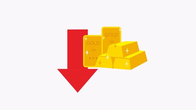 Down arrow and gold bars indicate falling gold prices. Suitable for financial articles, market analyses, and investment presentations. Potential website or brochure graphics.
