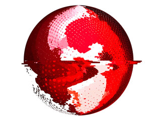 A red globe with pixelated patterns and a glitch effect, set against a black background