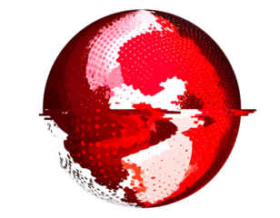 A red globe with pixelated patterns and a glitch effect, set against a black background