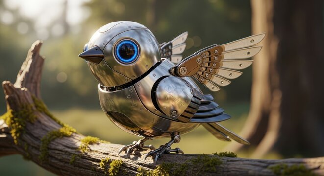 Futuristic robotic bird perched on a mossy branch in a serene forest environment