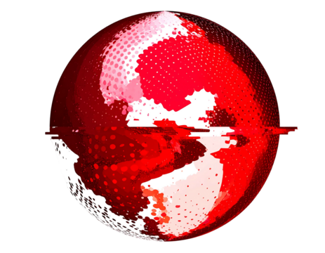 A red globe with pixelated patterns and a glitch effect, set against a black background