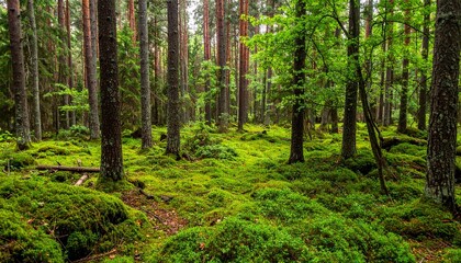 Naklejka premium Forest with dense layer of clubmoss and low green ground cover under diffused overcast daylight in summer