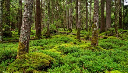 Obraz premium Forest with dense layer of clubmoss and low green ground cover under diffused overcast daylight in summer
