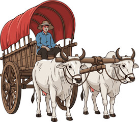 Farmer Riding Traditional Ox Cart Vector