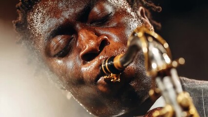 Close‑up jazz saxophonist under warm stage lights, sweat and soul in every note, perfect for music documentaries, festival promos, nightlife branding, and cultural storytelling.