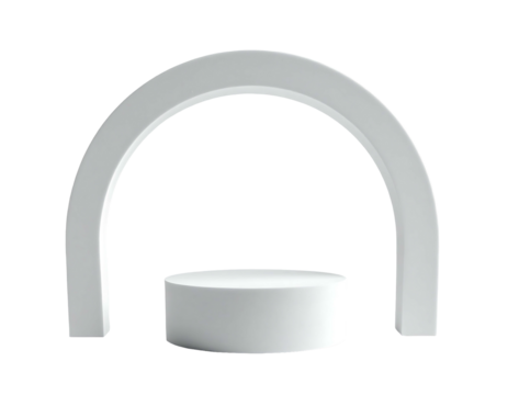 A white curved archway above a round pedestal on a black backdrop, rendered in 3D with subtle shadows and reflections