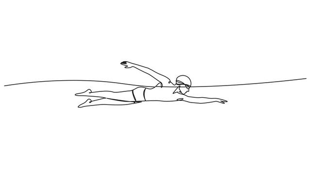 animated continuous single line drawing of freestyle swimmer in water, line art animation