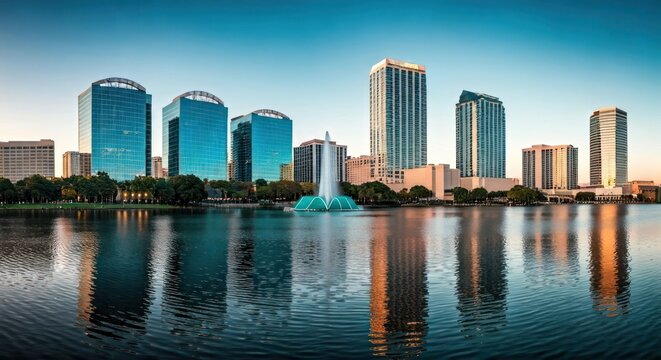 City skyline reflecting in calm water, with a fountain, at dawn - Powered by Adobe