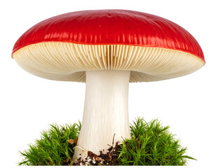 A red-capped mushroom with white gills sits atop bright green moss against a stark black background
