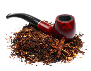 A red-brown wood tobacco pipe and star anise on a pile of loose tobacco. Black background, warm lighting