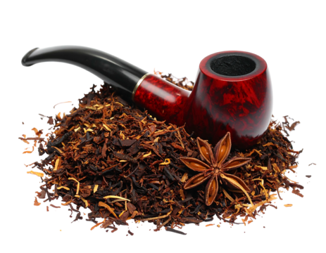 A red-brown wood tobacco pipe and star anise on a pile of loose tobacco. Black background, warm lighting - Powered by Adobe