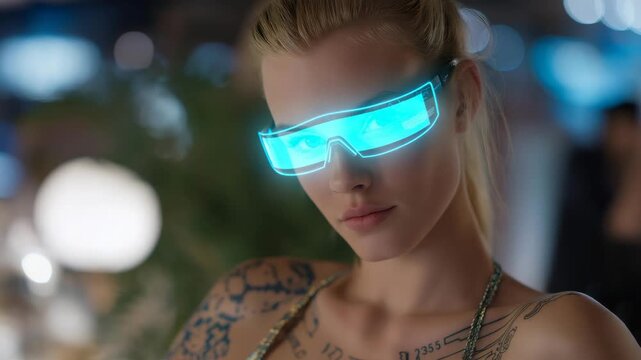 Augmented character walking through holographic city streets with reactive neon tattoos, smart lenses projecting data overlays, symbolizing technological harmony, digital intelligence, and