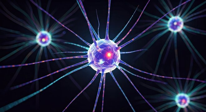 Close-up illustration of neurons with dendrites and axons, glowing on a dark background
