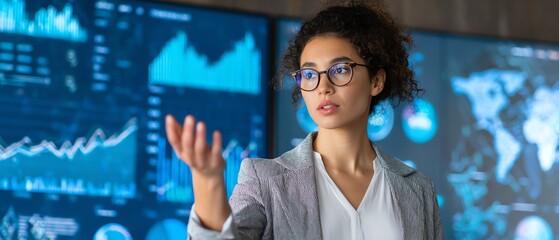 Businesswoman explaining digital analytics dashboard