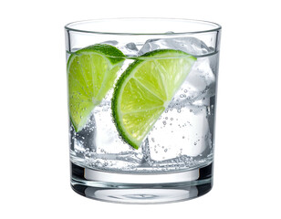 A refreshing cocktail sparkling clear drink with ice cubes and two green lime wedges in a glass