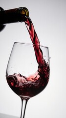 Red wine pouring into a clear glass with elegant flow on a white background