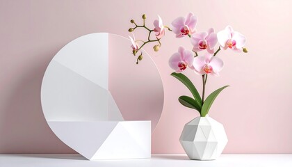 Pink orchid in a geometric vase near abstract white shapes
