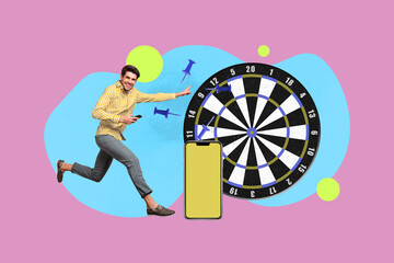 Collage of happy business person using smartphone near dartboard symbolizing success in achieving...