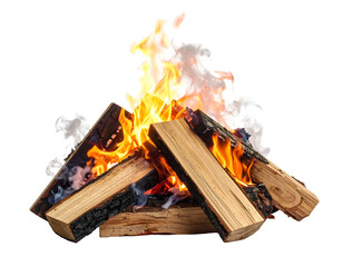 A roaring campfire, logs ablaze, with bright orange flames and wisps of smoke, isolated on a dark background